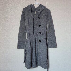 Free People Women's Gray Wool Sweater Coat with Waist Tie and Hood Size Medium